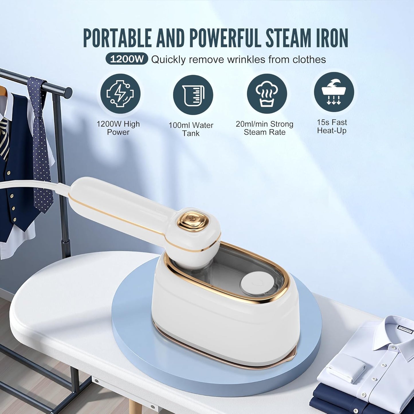 Travel Steamer for Clothes, 1200W Mini Travel Iron with Steam, Handheld Rotary Garment Iron, Wrinkle Remover, 10S Fast Heating, White, 1 Piece