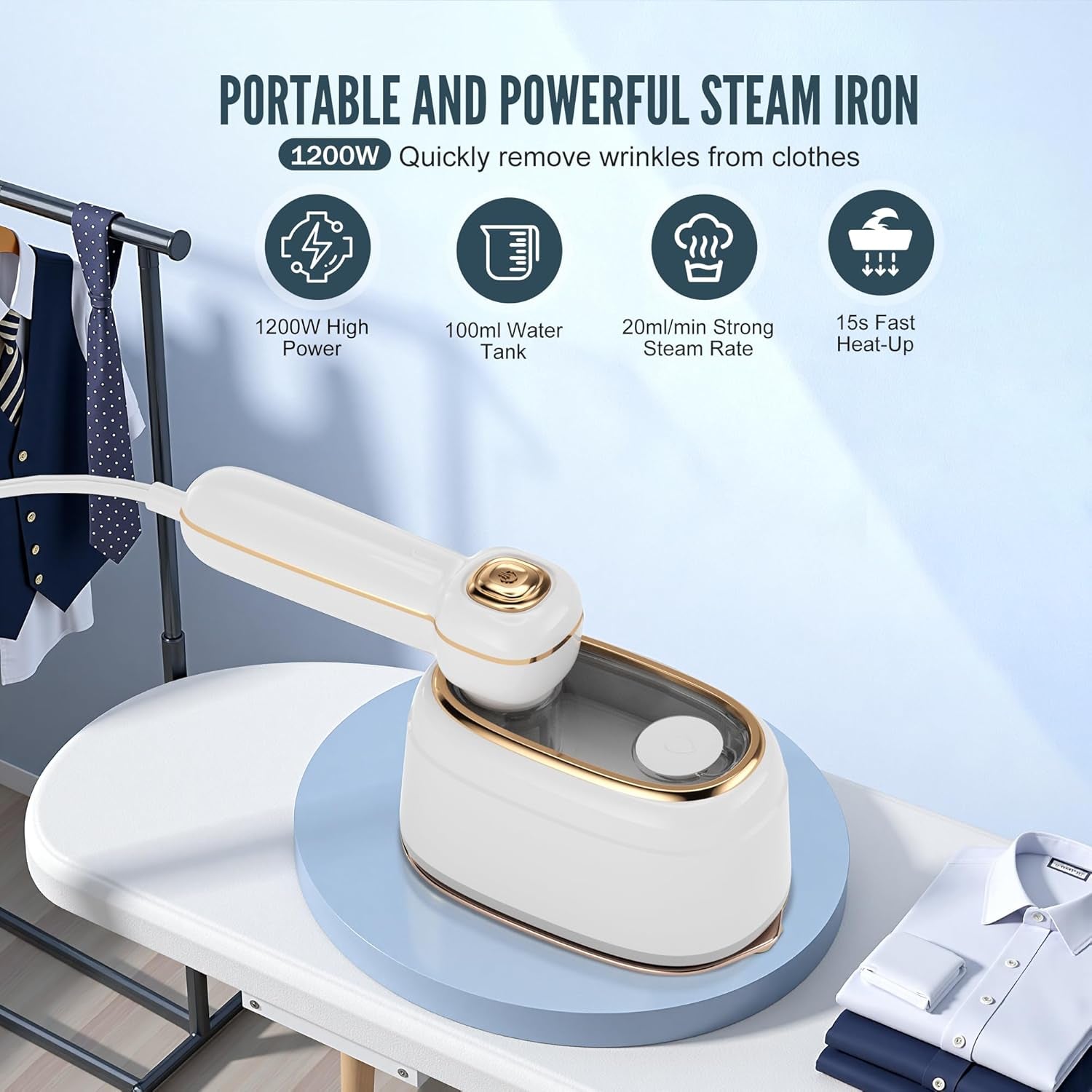 Travel Steamer for Clothes, 1200W Mini Travel Iron with Steam, Handheld Rotary Garment Iron, Wrinkle Remover, 10S Fast Heating, White, 1 Piece