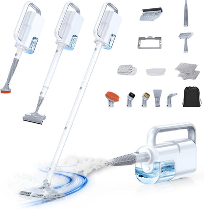 10-In-1 Steam Mop with Detachable Handheld Steamer,350Ml Tank, 10S Heat-Up, 248°F Steam Cleaner, 2-Level Control and Swivel Head for Floor,Carpet,Tiles, BBQ Grill,Car Accessories Clean White