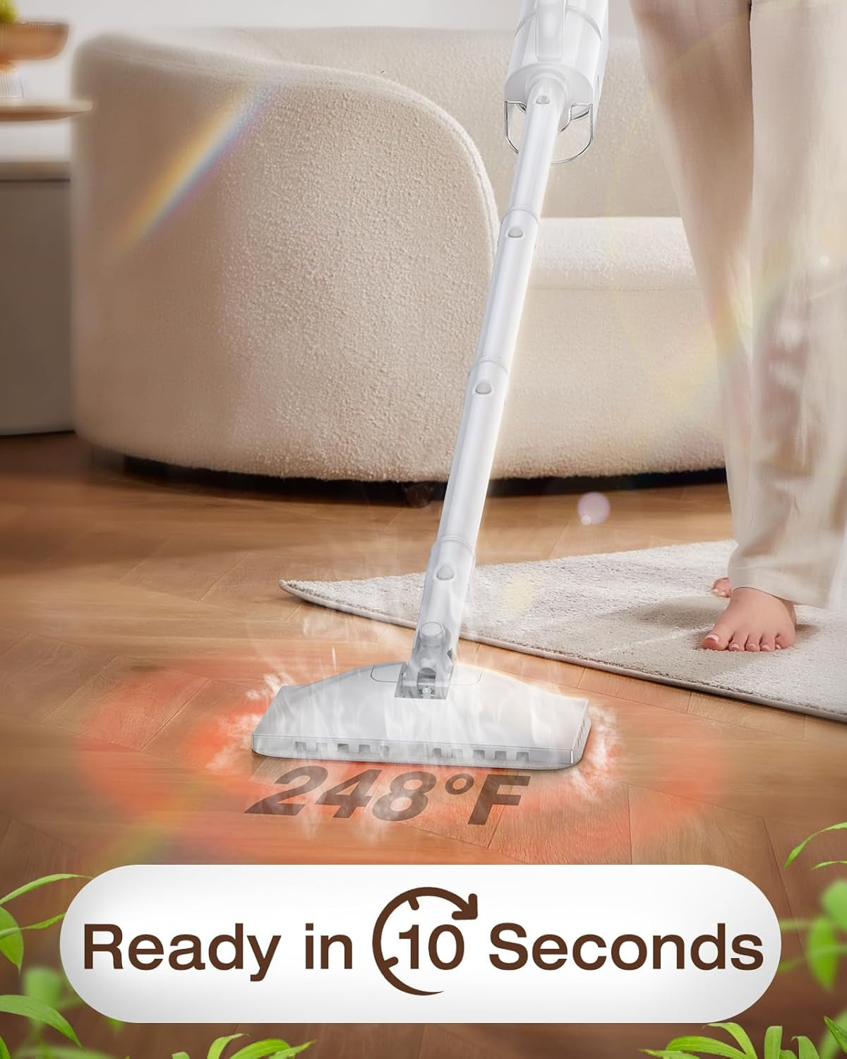 10-In-1 Steam Mop with Detachable Handheld Steamer,350Ml Tank, 10S Heat-Up, 248°F Steam Cleaner, 2-Level Control and Swivel Head for Floor,Carpet,Tiles, BBQ Grill,Car Accessories Clean White